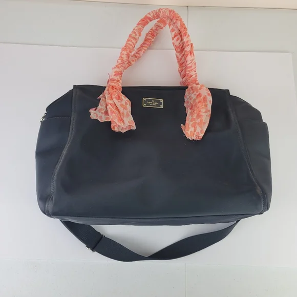Kate Spade black diaper back, Peachy coral wrapped handles - Picture 2 of 11